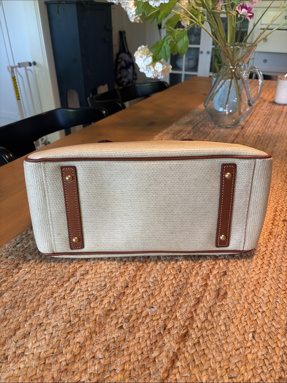 Dooney & Bourke Brown Leather & Cream Canvas Satchel with Adjustable Strap - Picture 4 of 11